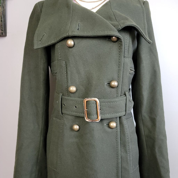 BCBGMaxAzria S Trench Peacoat Wool Cashmere Long Olive Green Coat Jacket BCBG - Picture 14 of 15